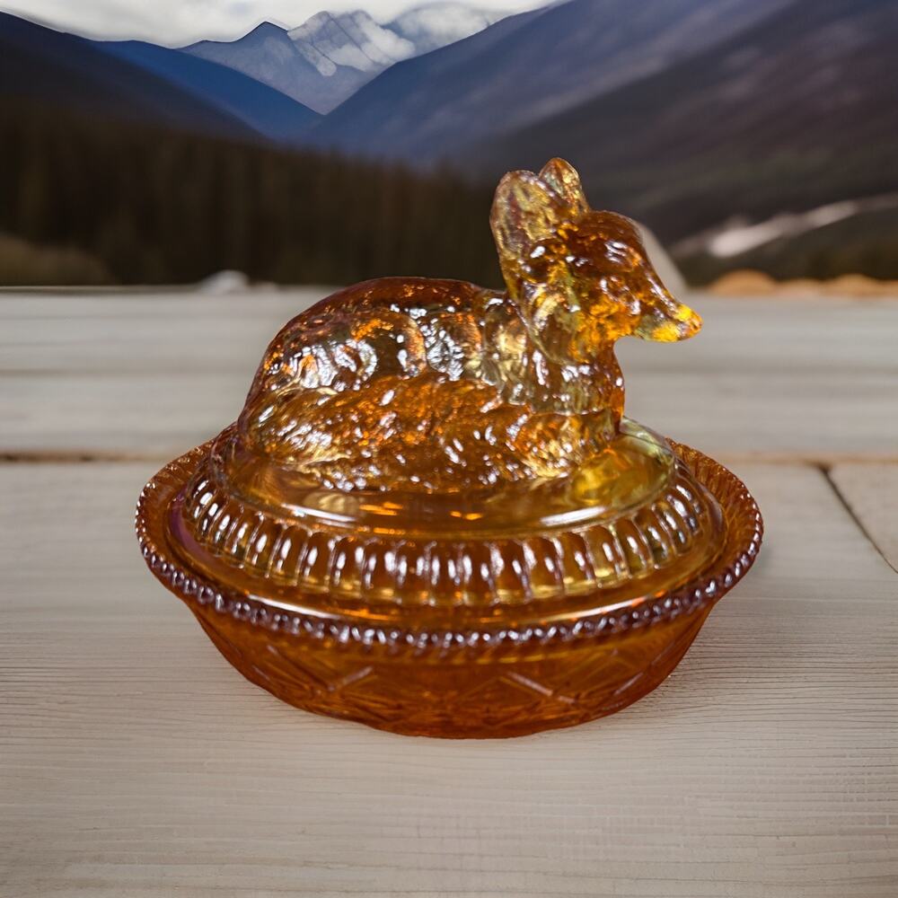 Vintage John Kemple Amber Glass Fox on Nest Fox On Basket 1950'S Candy Dish